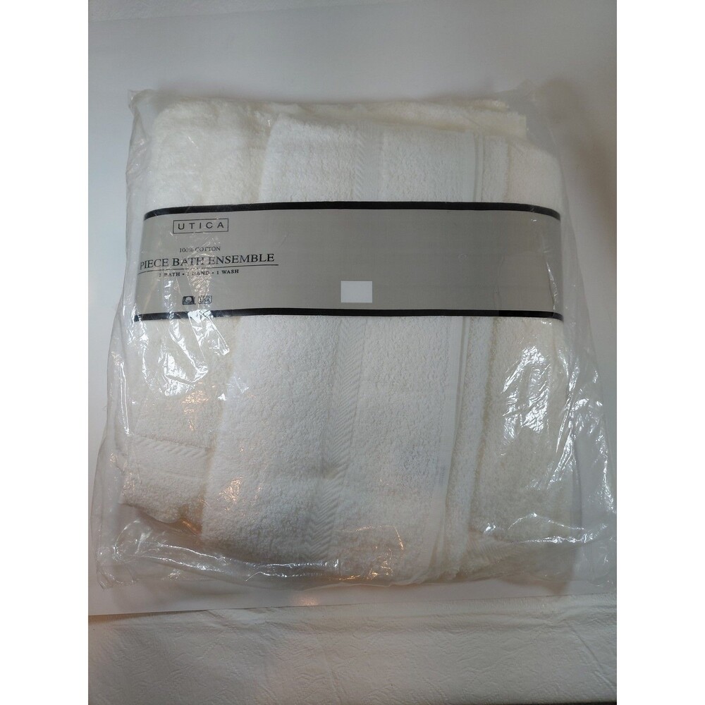 UTICA 3 Piece Bath Ensemble 100% Cotton Towel Set White Bath Hand Wash Made in